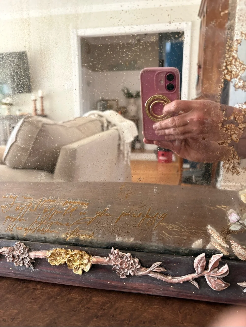Ornate Floral & Bird Accent Wall Mirror with copper and gold accents